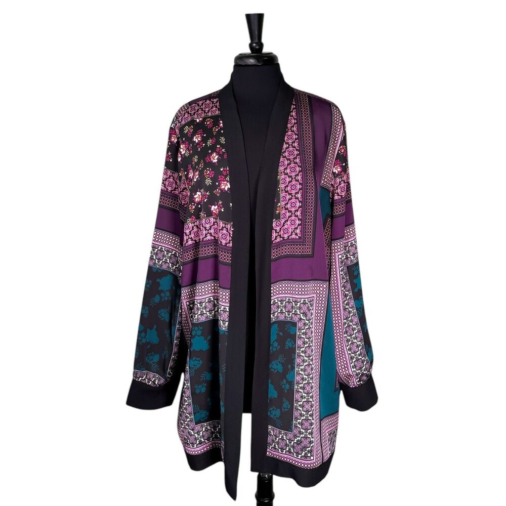 Chico's Women's 4/20 22 Mixed Print Open Front Cardigan Floral Border Boho Plus
